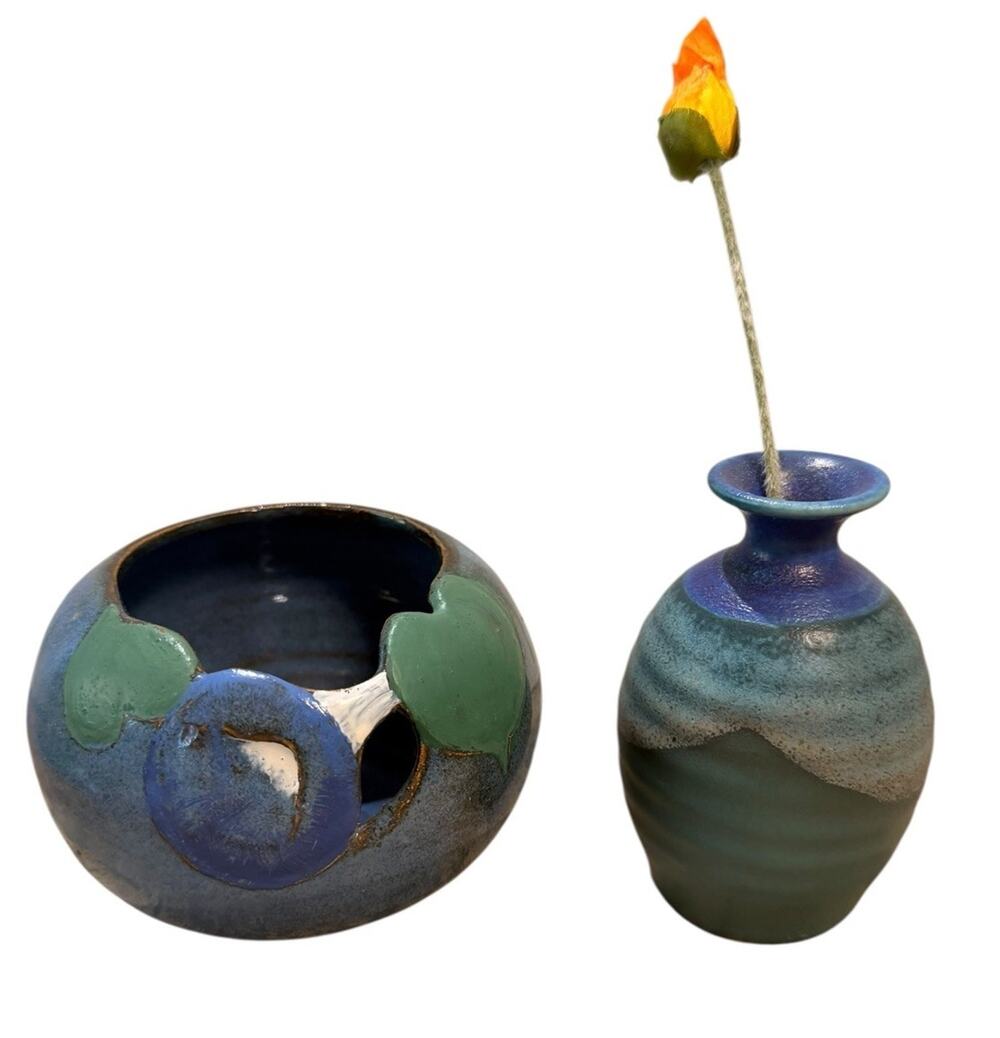 2 VTG Ceramic Vessels Blue Glaze Bud Vase & Decorative Bowl Signed Studio Art